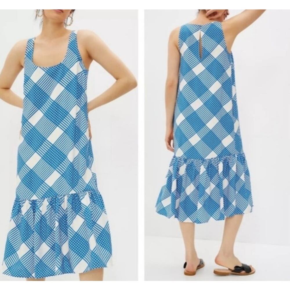 Anthropologie Blue White Plaid Drop Waist Midi Dress Large Sleeveless L